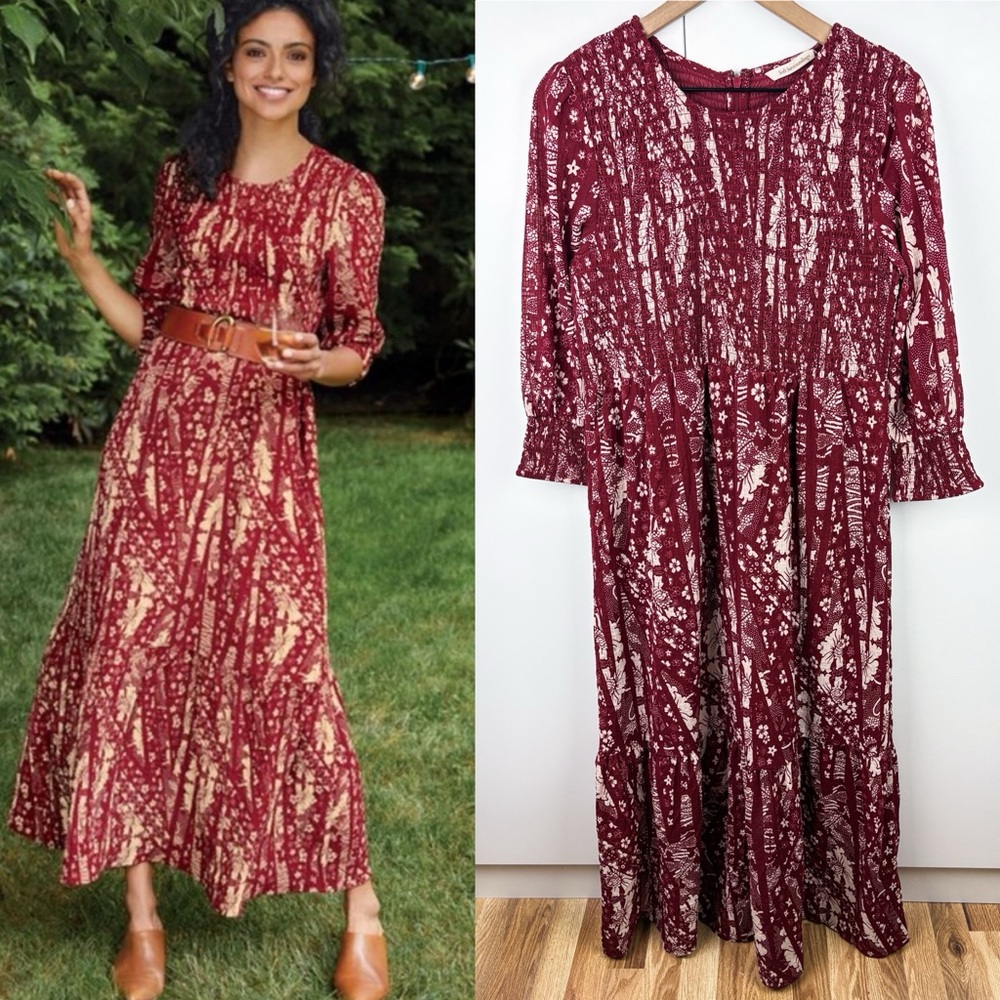 Soft Surroundings Marlais Floral Smocked Long Sleeve Maxi Dress Maroon Red 6